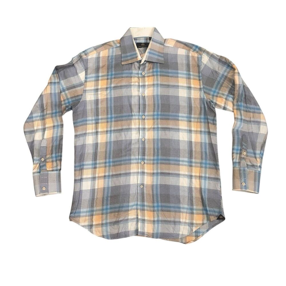 CIRCLE OF GENTLEMEN REGULAR FIT 100% COTTON SHIRT BLUE BEIGE PLAID 44 X 17.5